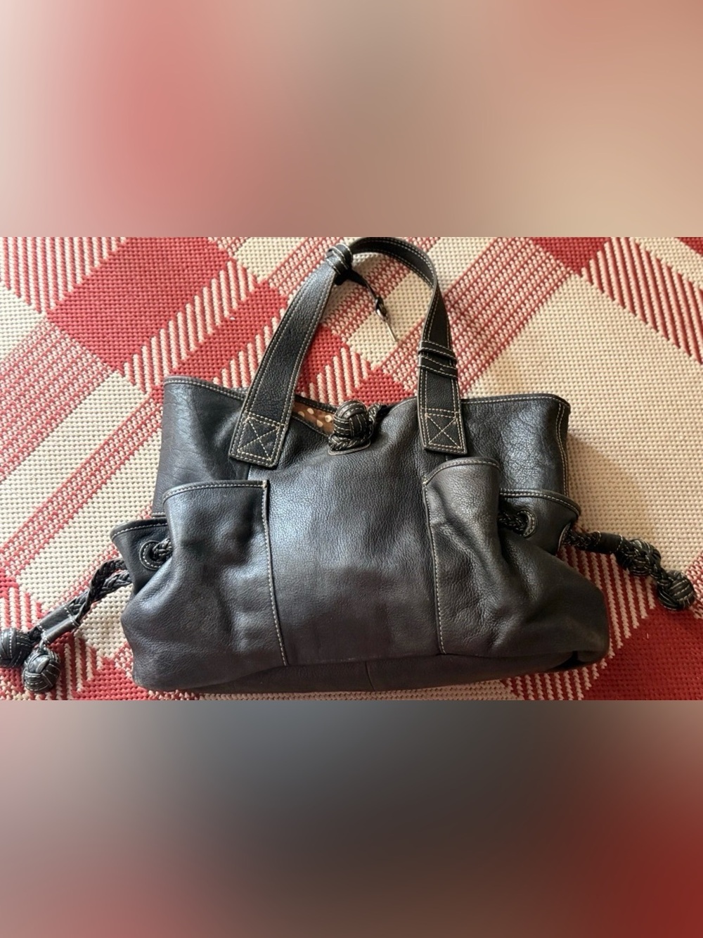 Vintage Fossil Pebbled Leather Satchel Black Braided Decor